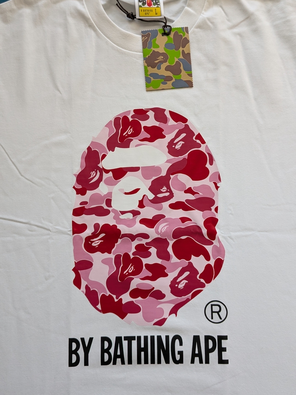 Bape White T-Shirt with Pink & Red Camo Ape Head